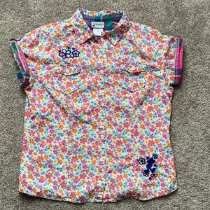 Disney Parks Vintage Floral Roll Tab Sleeve Embroidered Button Shirt Large